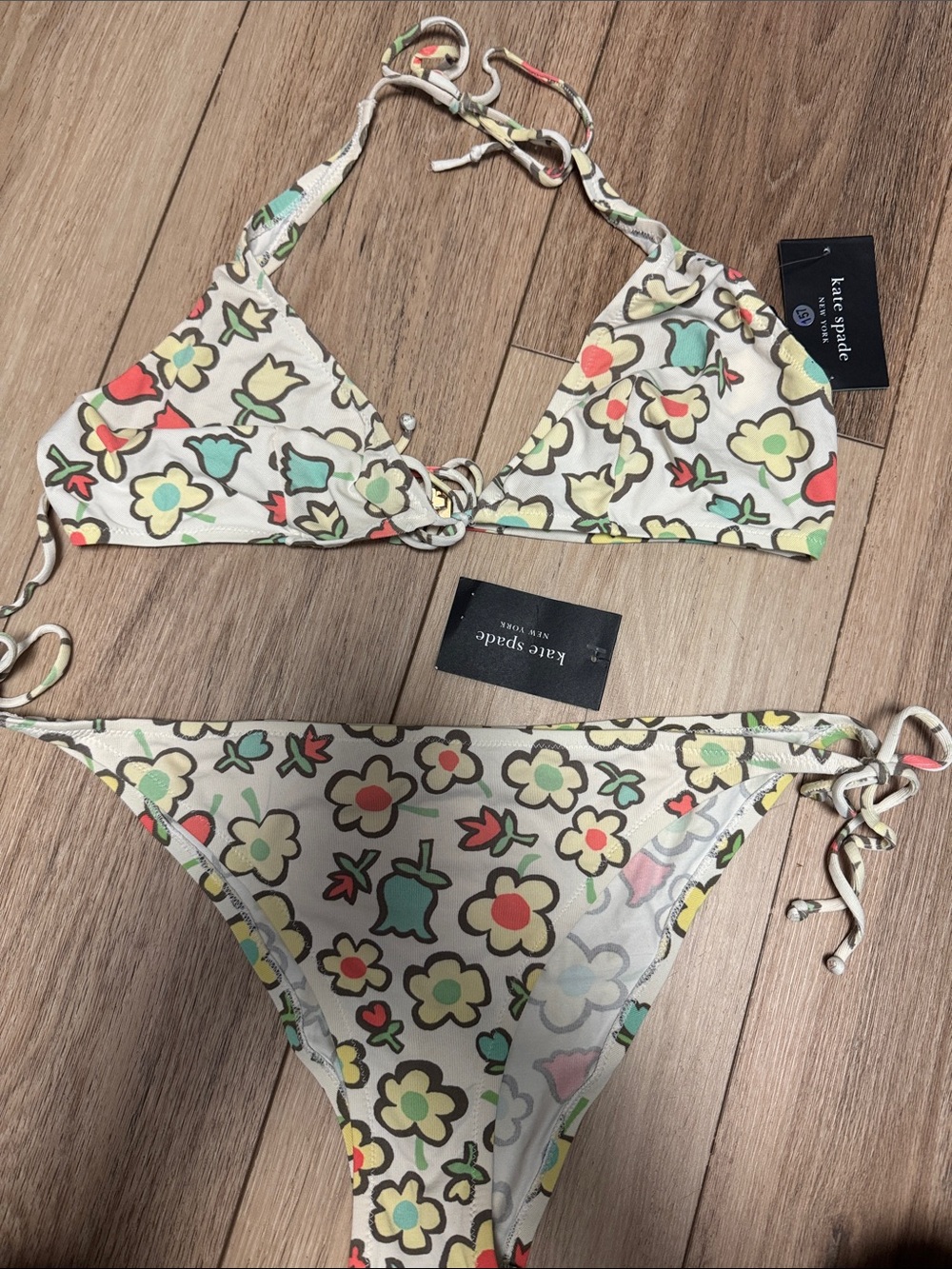 KATE SPADE NWT L cream Floral UNLINED NO PADDING NUDIST TYPE SEXY Bikini SET